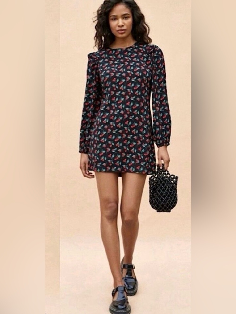 Reformation Jeans Cherry Print Ruffle Shoulder Long Sleeve Mini Dress - Size L